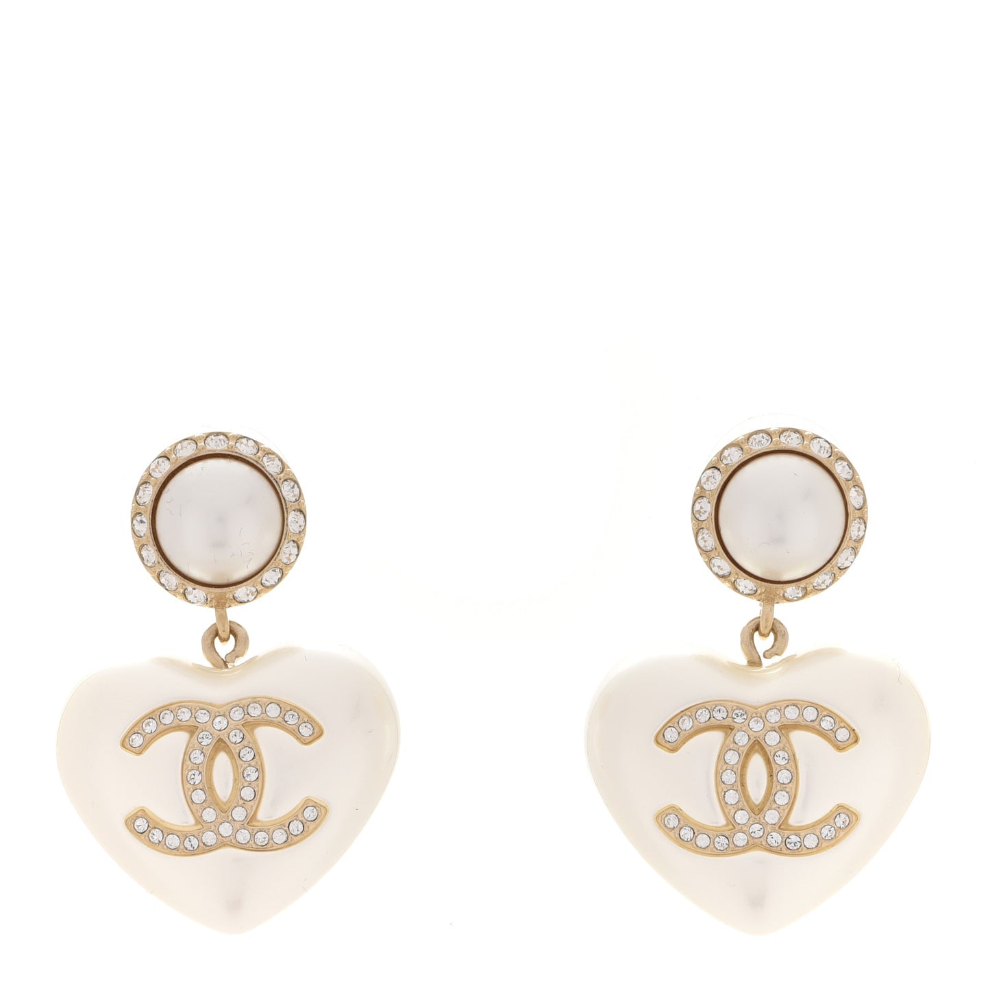 Pearl Crystal CC Heart Drop Earrings Gold