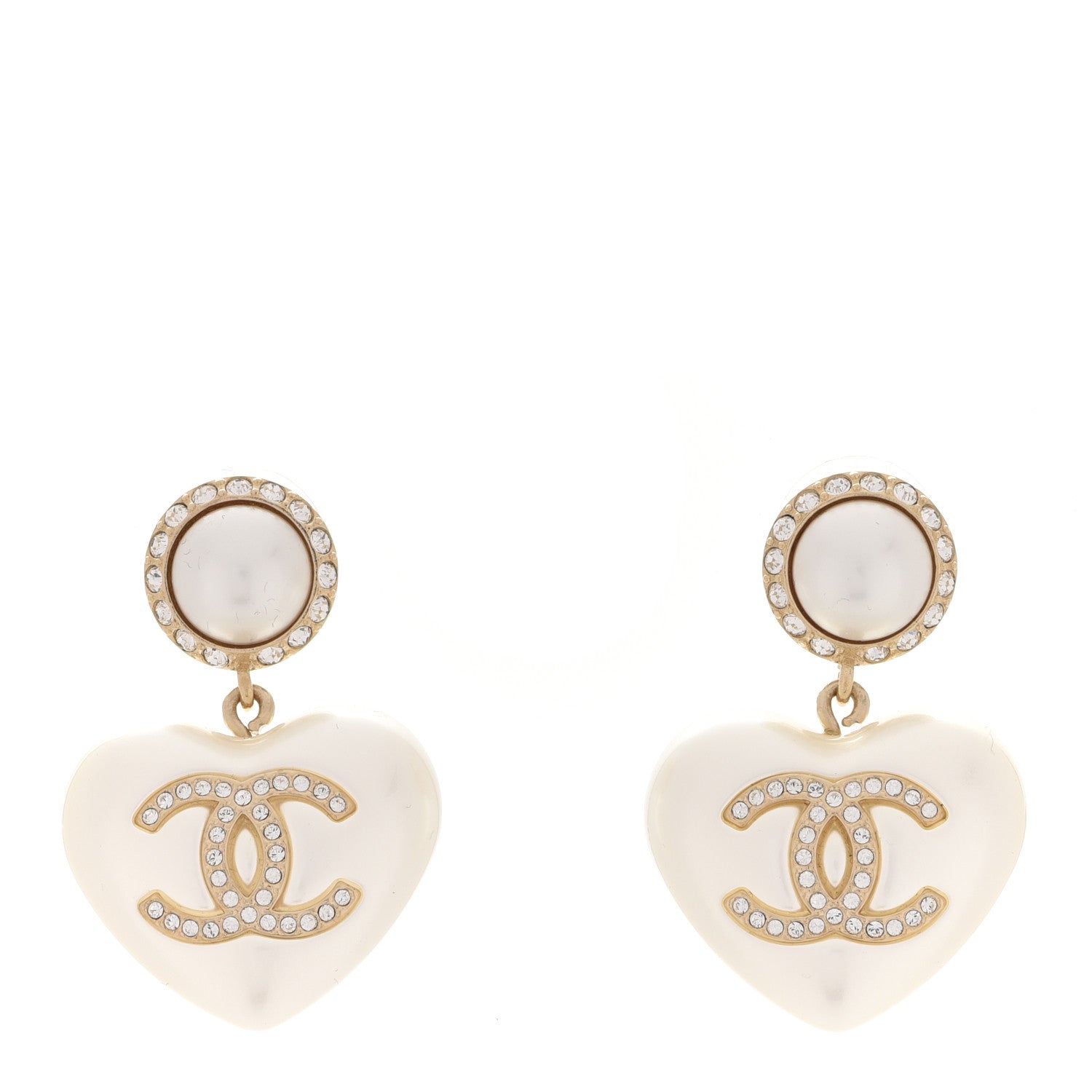 Chanel Pearl Crystal CC Heart Drop Earrings Gold 1 of 5