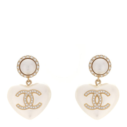 Chanel Pearl Crystal CC Heart Drop Earrings Gold 1 of 5