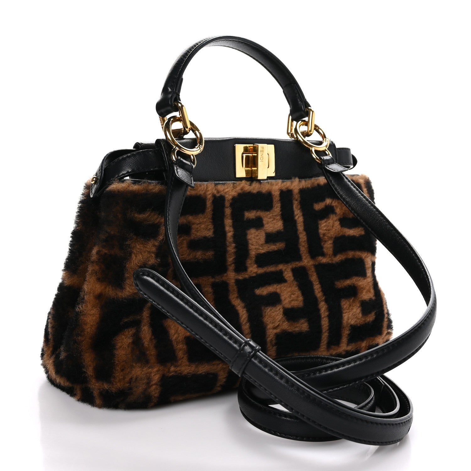 Fendi Shearling Nappa Macro FF 1974 Mini Peekaboo Iconic Satchel Tobacco Black 3 of 10