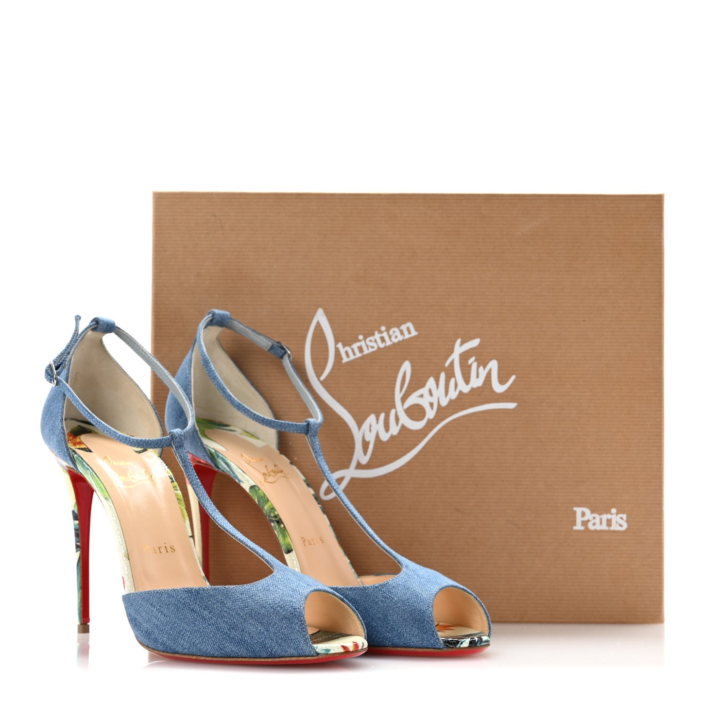 Denim Crackled Calfskin Hawaii Print Senora 100 Sandals 41 Blue White