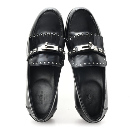 Hermes Glazed Calfskin Medor Studded Fringe Womens Destin Loafer 40 Black 2 of 10