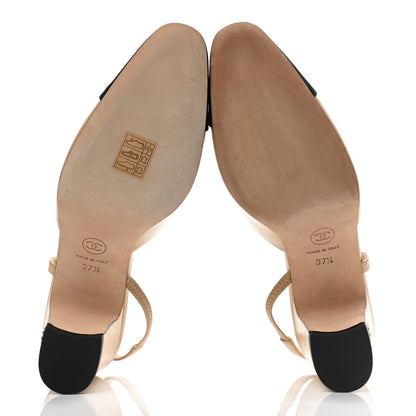 Chanel Goatskin Grosgrain Cap Toe CC Slingback Pumps 37.5 Beige Black 5 of 13