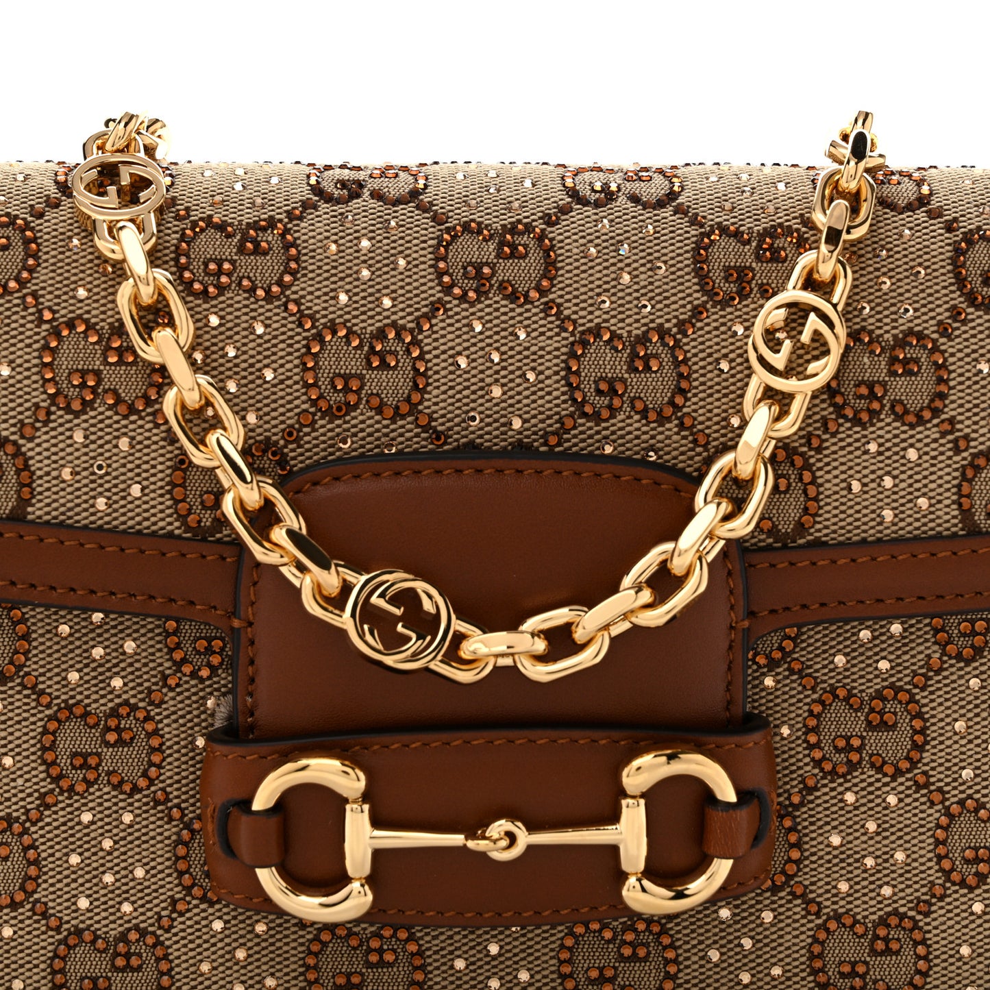 New Canvas Charisma Calfskin Crystal GG Monogram Mini Horsebit 1955 Shoulder Bag Camel Ebony