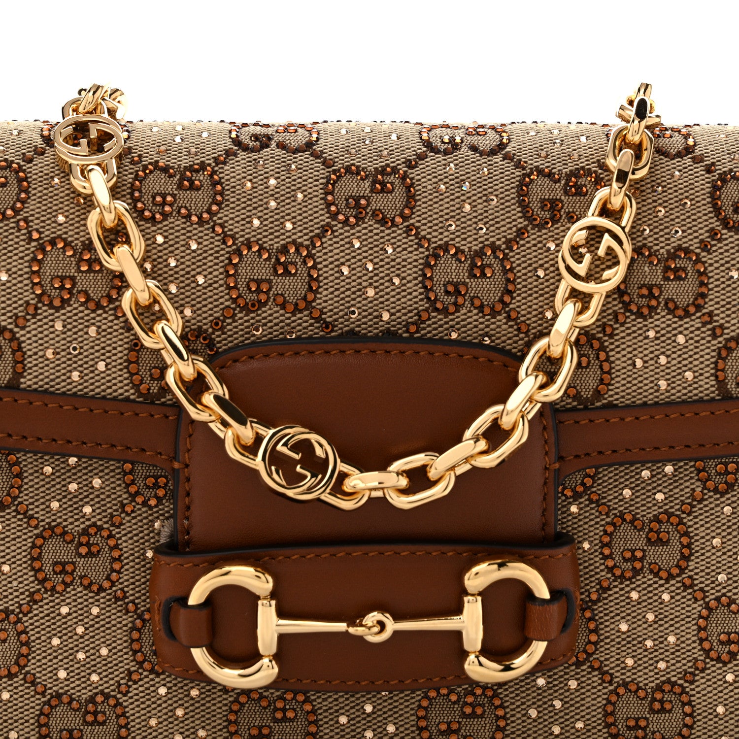 Gucci New Canvas Charisma Calfskin Crystal GG Monogram Mini Horsebit 1955 Shoulder Bag Camel Ebony 8 of 11