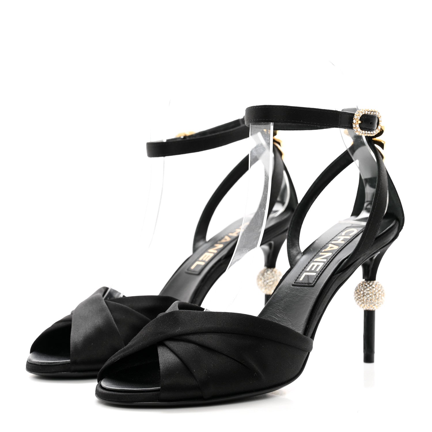Chanel Satin Pearl Crystal Bow Pumps 37 Black 3 of 9