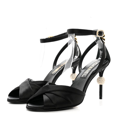 Chanel Satin Pearl Crystal Bow Pumps 37 Black 3 of 9
