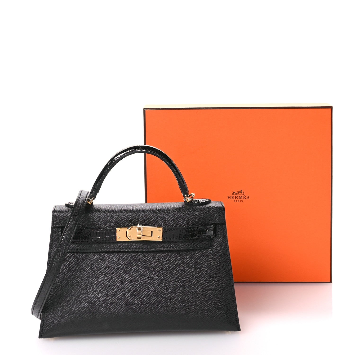 Hermes Madame Calfskin Shiny Alligator Mini Kelly Sellier Touch 20 Black 10 of 10