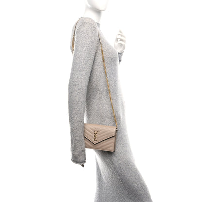 Saint Laurent Grain De Poudre Matelasse Chevron Monogram Envelope Chain Wallet Dark Beige 2 of 9
