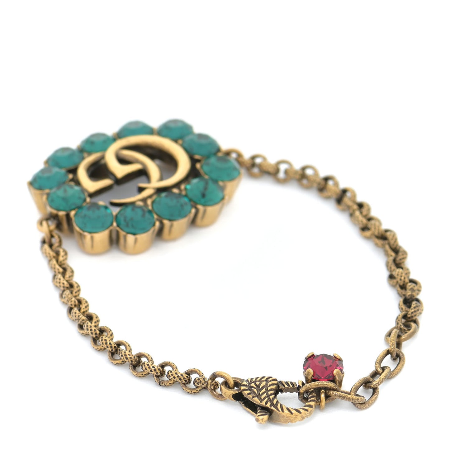 Oxidized Metal Crystal Double G Bracelet Aged Gold Green