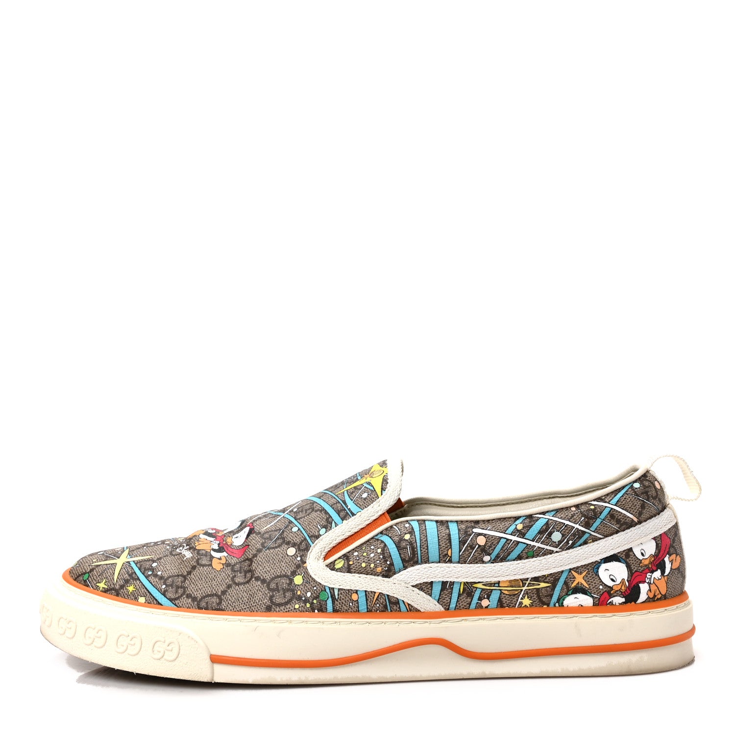 Gucci X DISNEY GG Supreme Monogram Donald Duck Mens 1977 Tennis Slip On Sneakers 9 Beige Ebony Mystic White Deep Orange 1 of 8