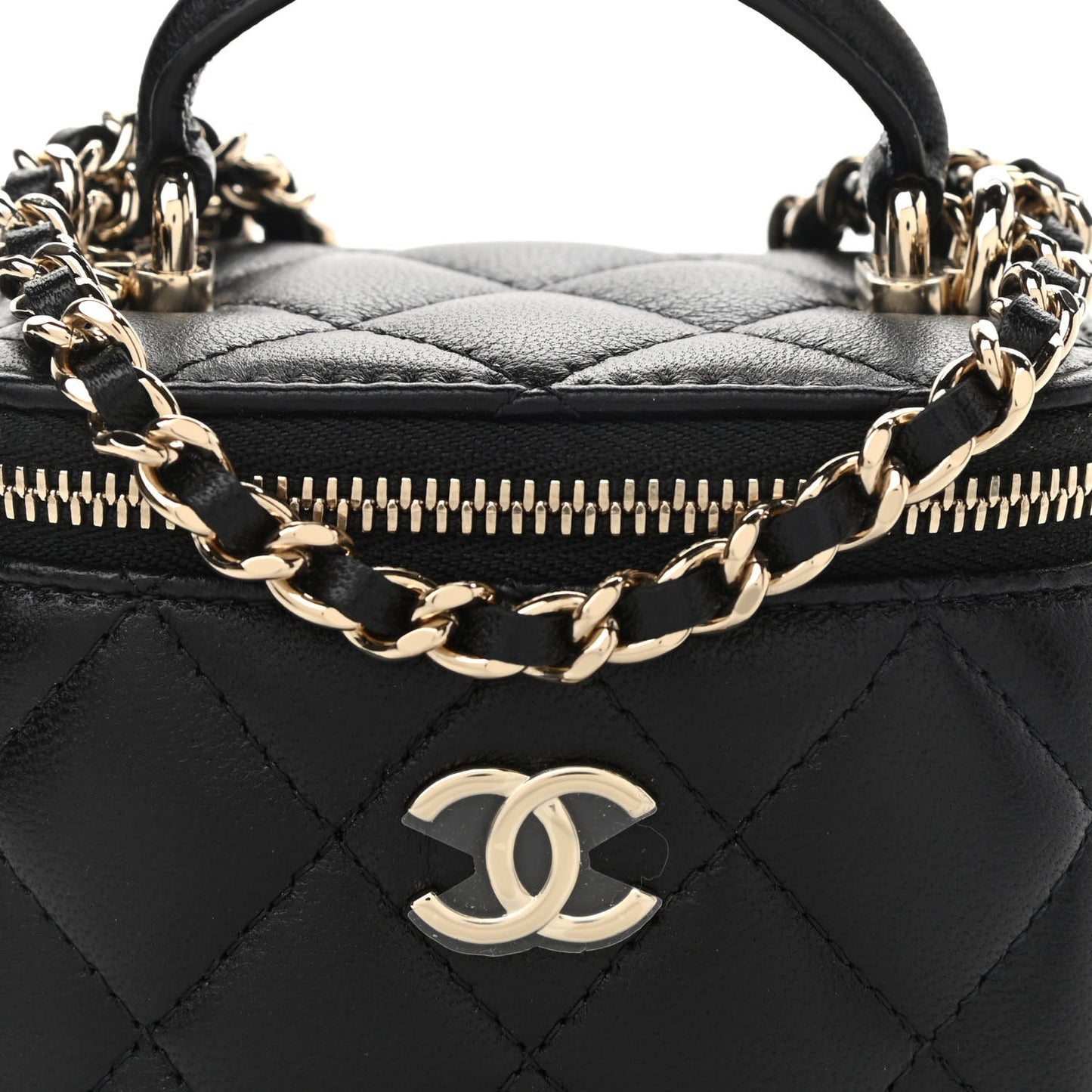 Lambskin Quilted Top Handle Mini Vanity Case With Chain Black