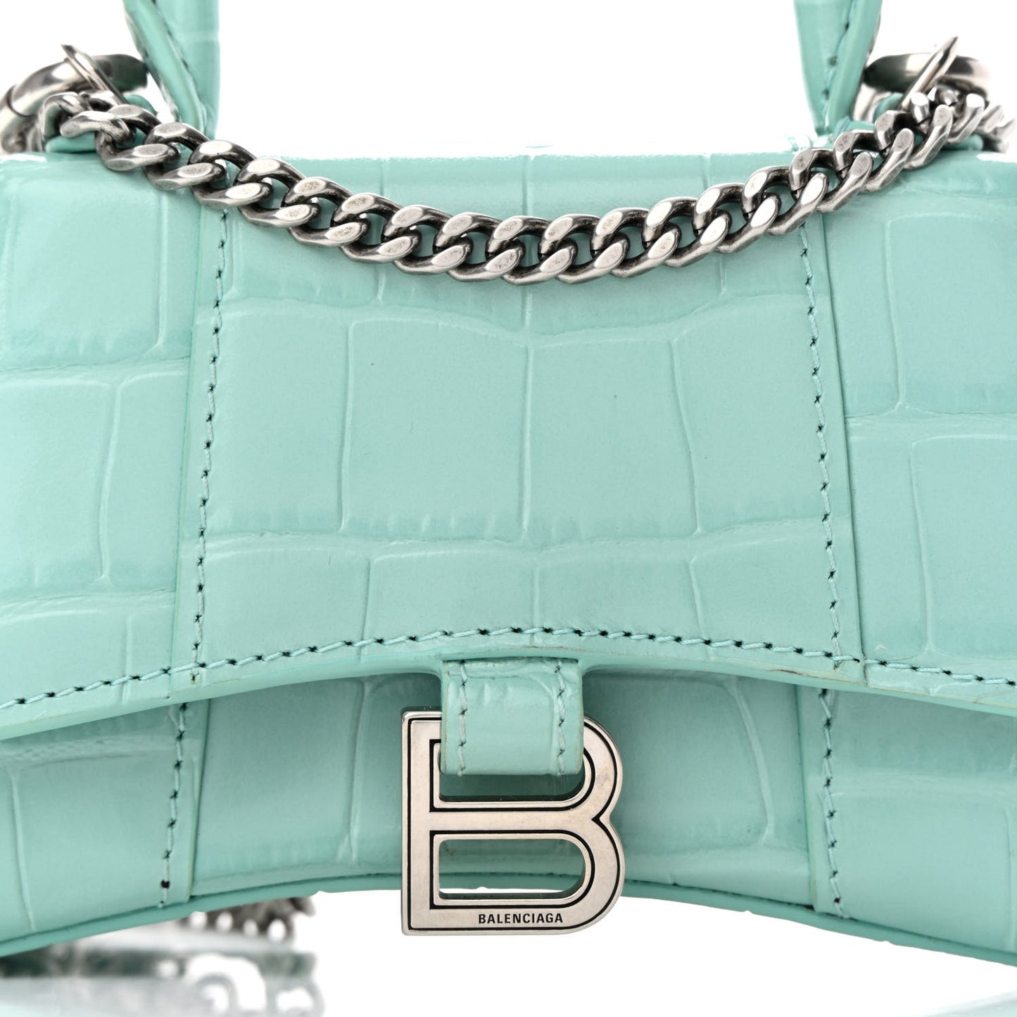 Shiny Calfskin Crocodile Embossed Hourglass Top Handle Bag Mini with Chain Green Acqua