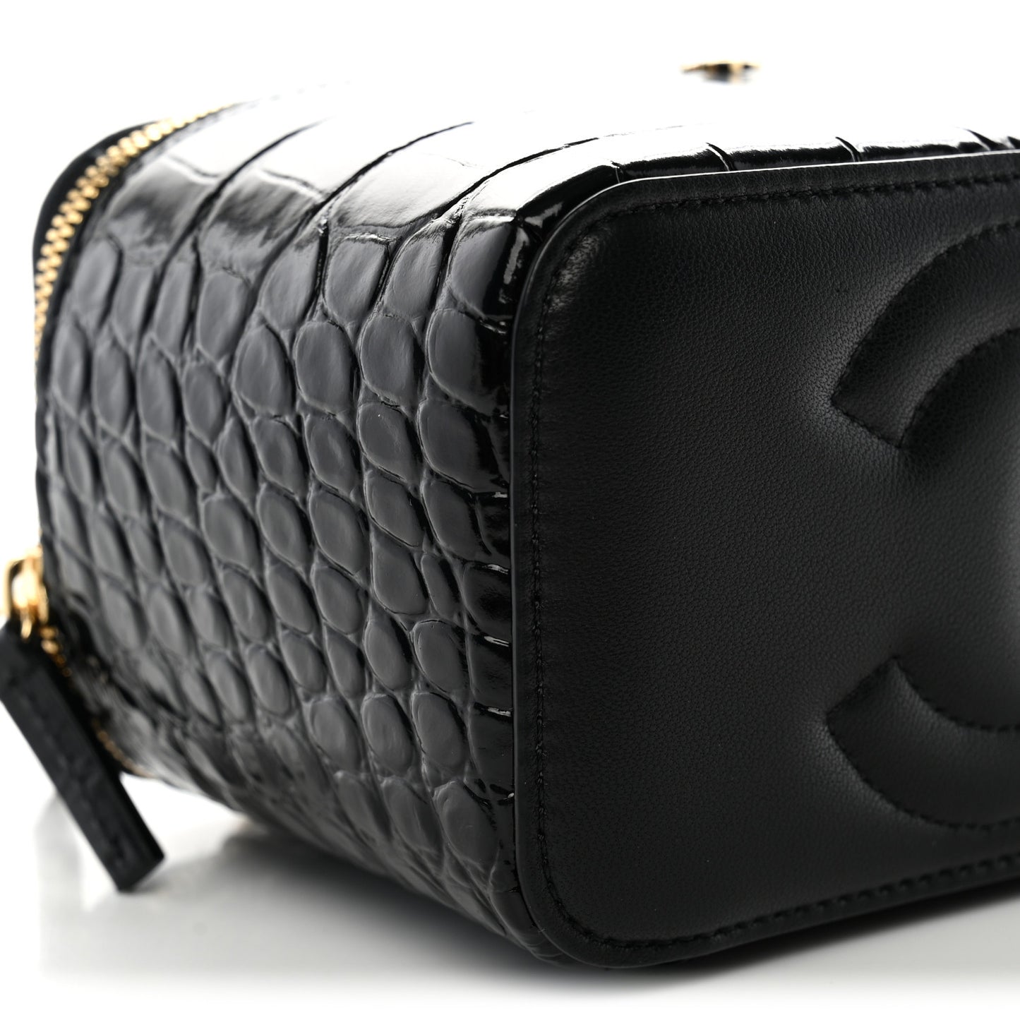 Calfskin Crocodile Embossed Crococo Small Top Handle Vanity Case With Chain Black