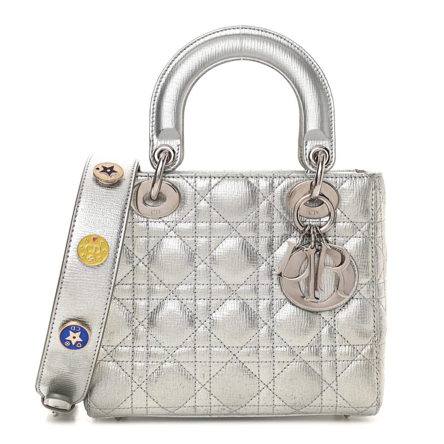 Metallic Grained Calfskin Cannage Small Lucky Badges My Lady Dior Silver