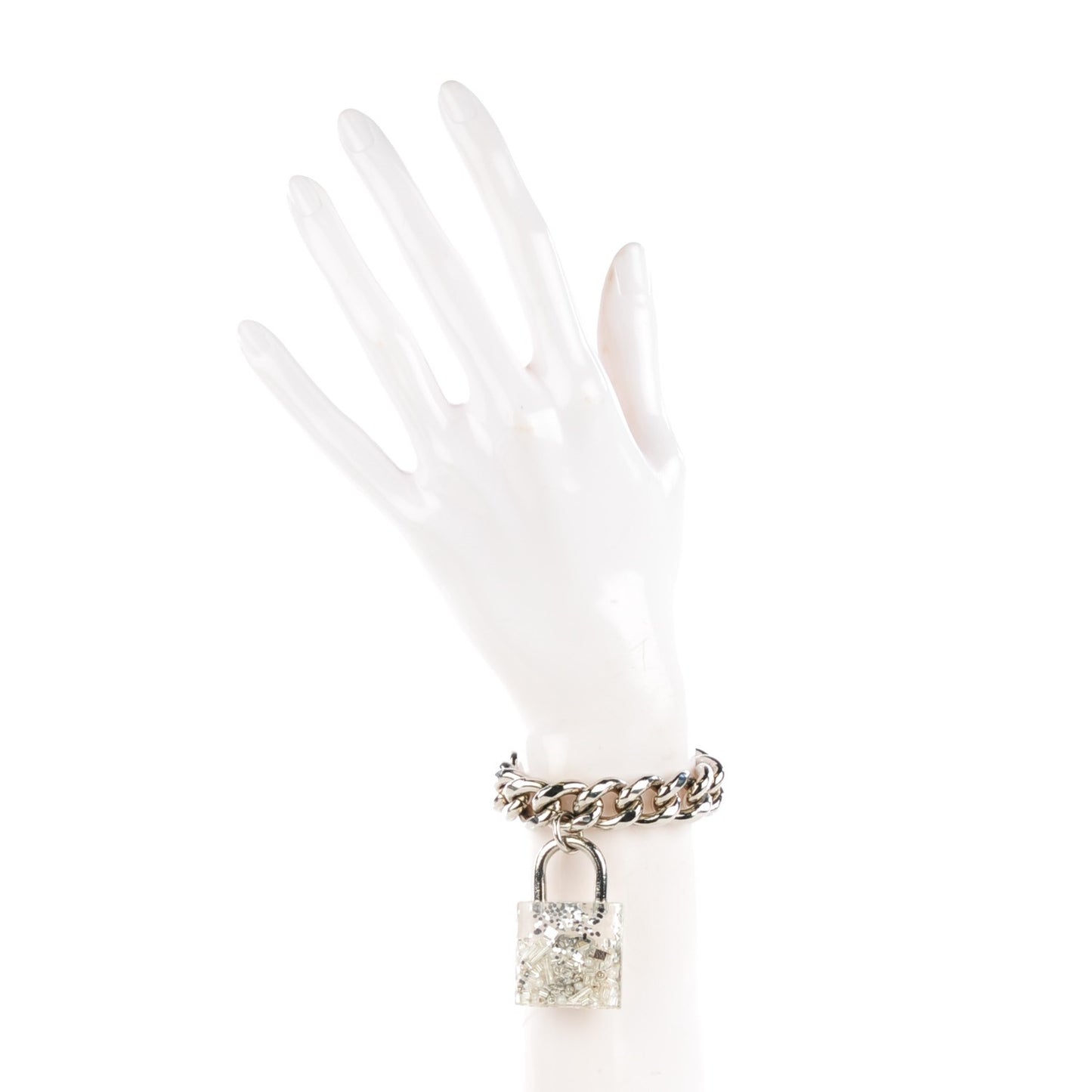 Plexiglass Pearl CC Padlock Bracelet Silver