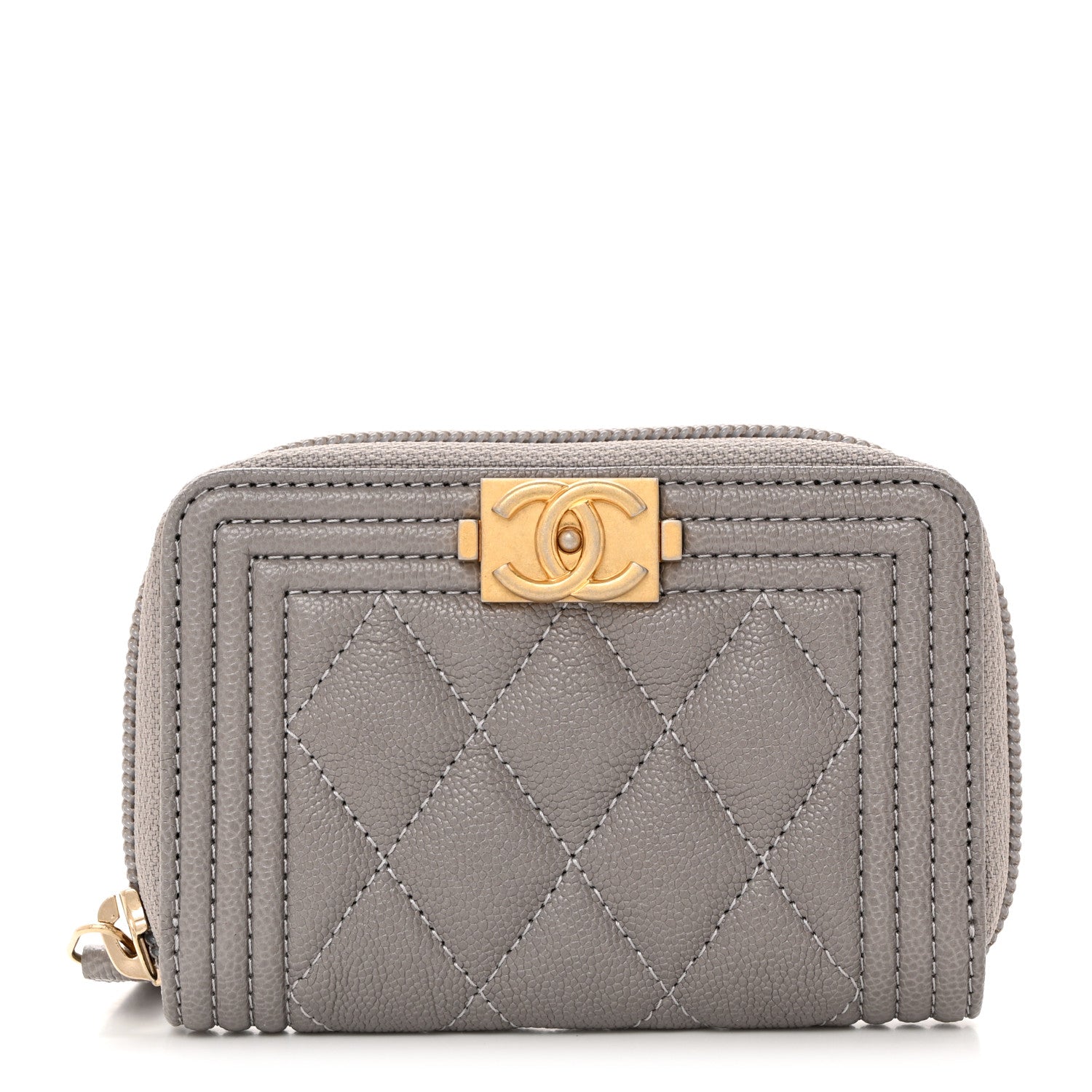 Chanel Caviar Quilted Boy Zip Around Coin Purse Wallet Grey 1 of 8