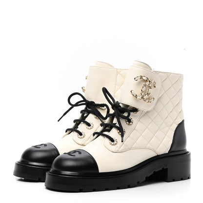 Chanel Shiny Goatskin Calfskin Quilted Lace Up Combat Boots 38 Ivory Black 3 of 9