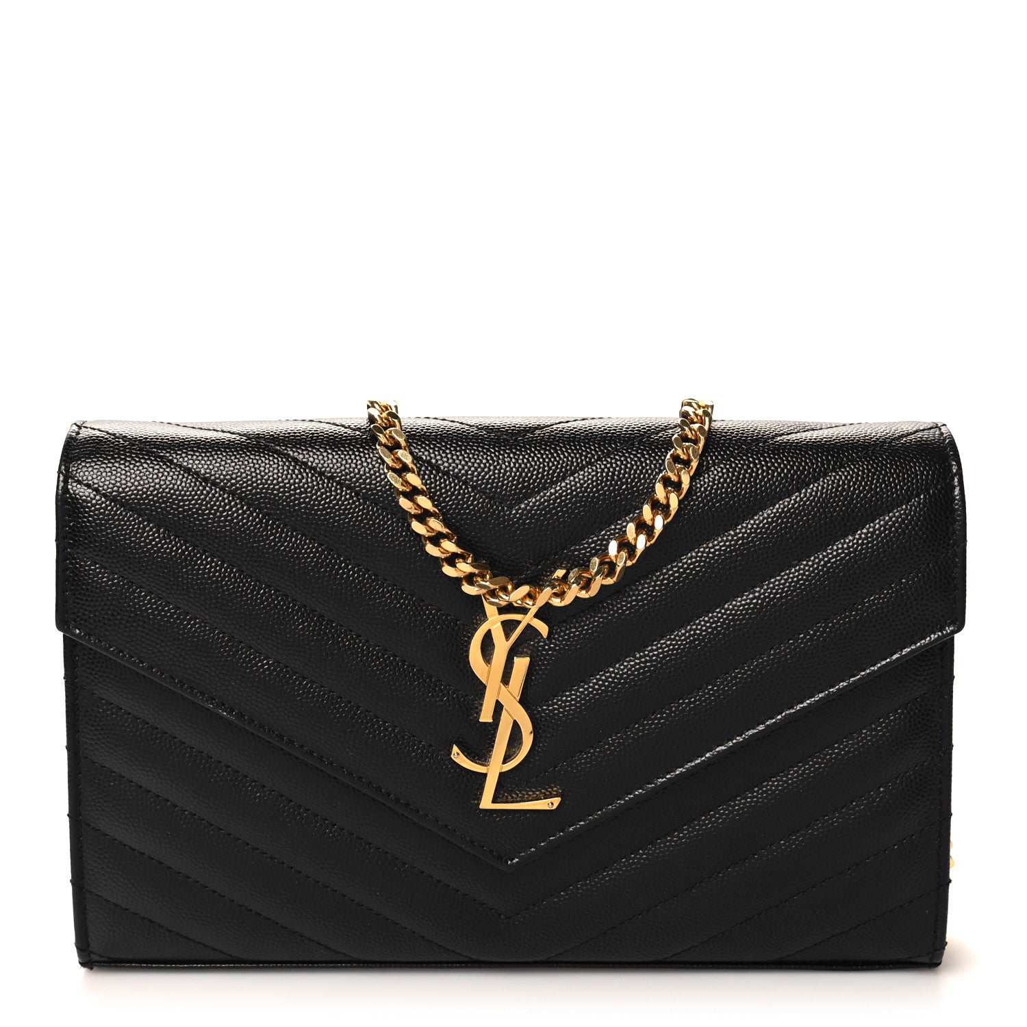 Saint Laurent Grain De Poudre Matelasse Chevron Monogram Chain Wallet Black 1 of 11