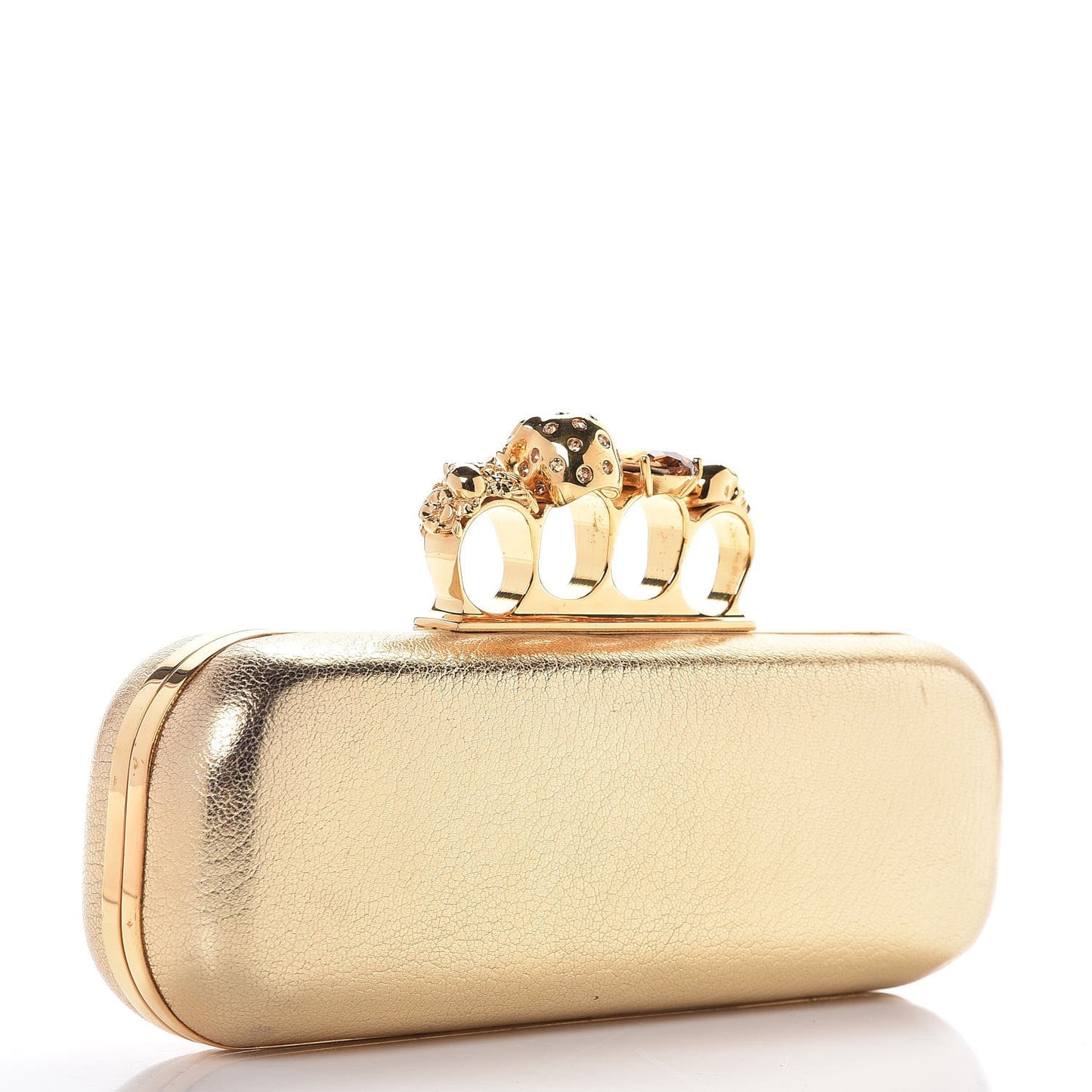 Metallic Lambskin Skull Knuckle Box Clutch Gold