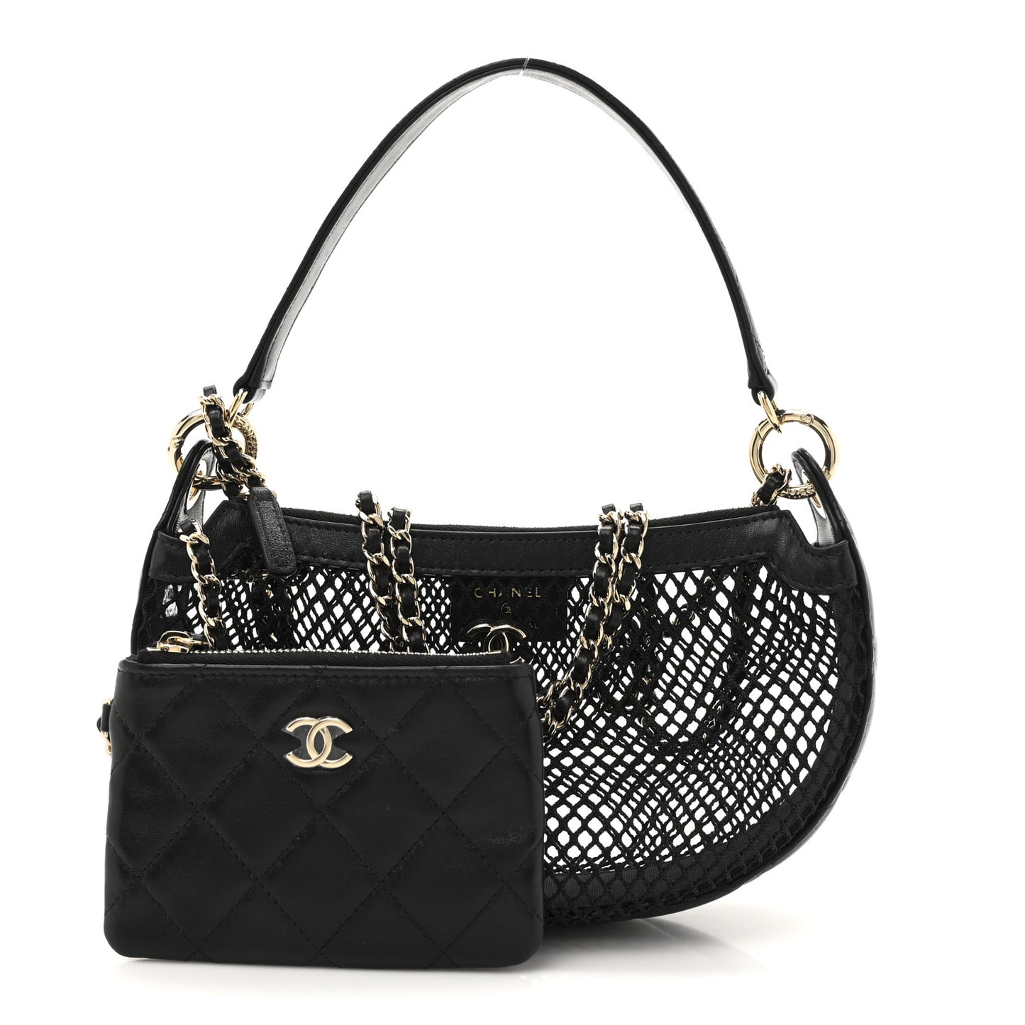 Mesh Shiny Lambskin Chain Hobo Black