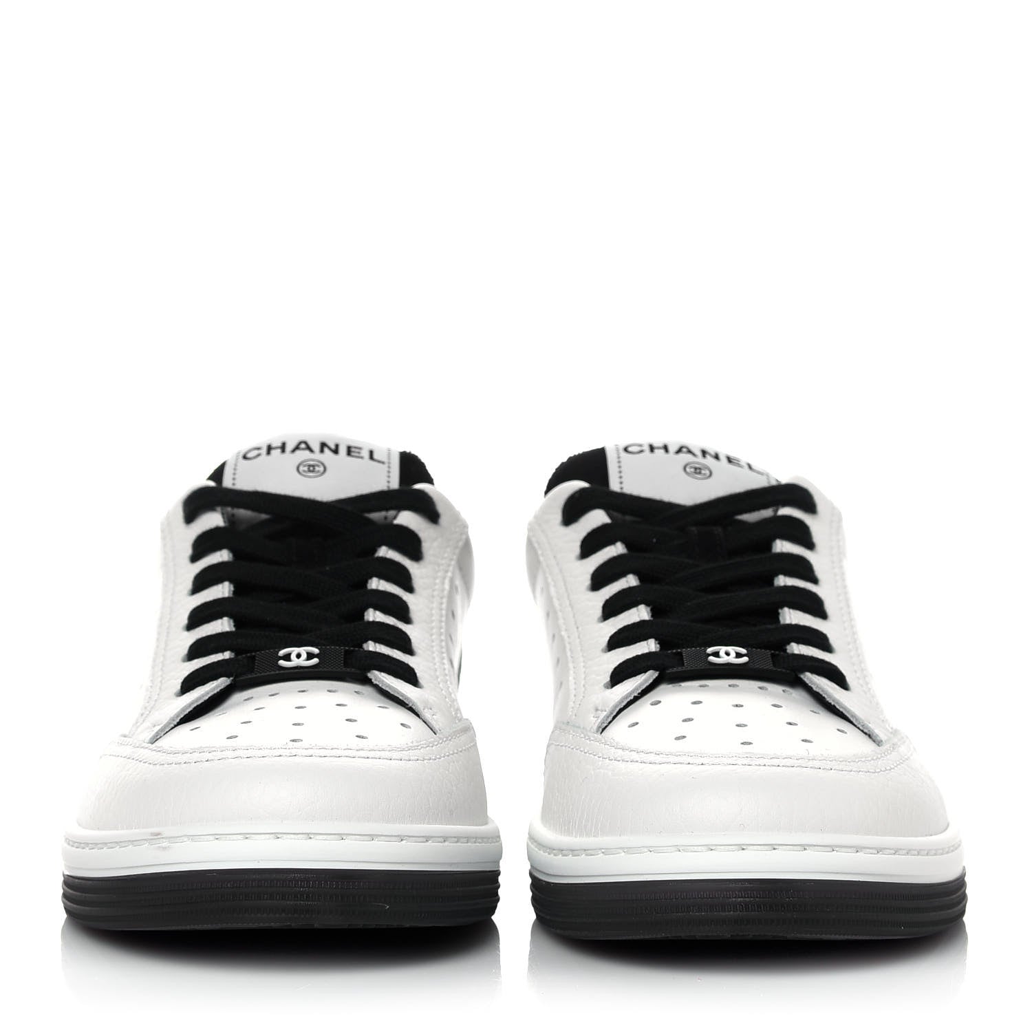 Chanel Grained Calfskin Fabric Womens Logo Sneakers 38.5 White Black 2 of 10