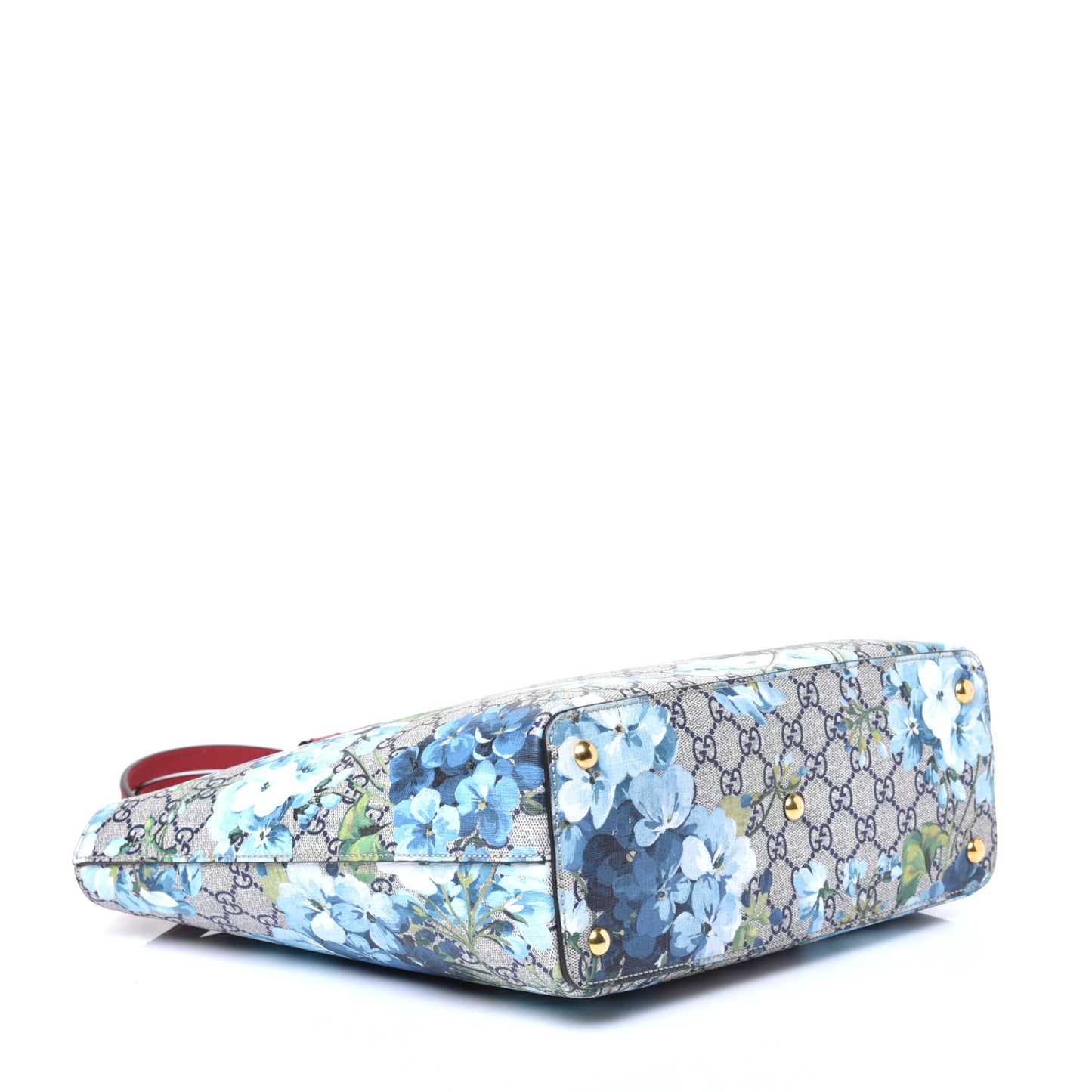 GG Supreme Monogram Blooms Medium Zippered Bucket Tote Beige Blue Navy Hibiscus Red