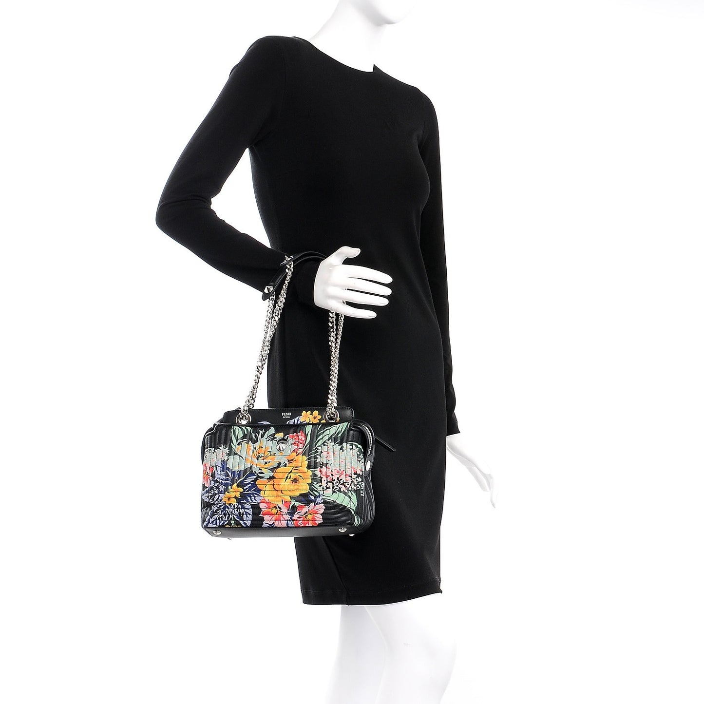 Calfskin Trapuntata Floral Small DotCom Click Chain Satchel Black Multicolor