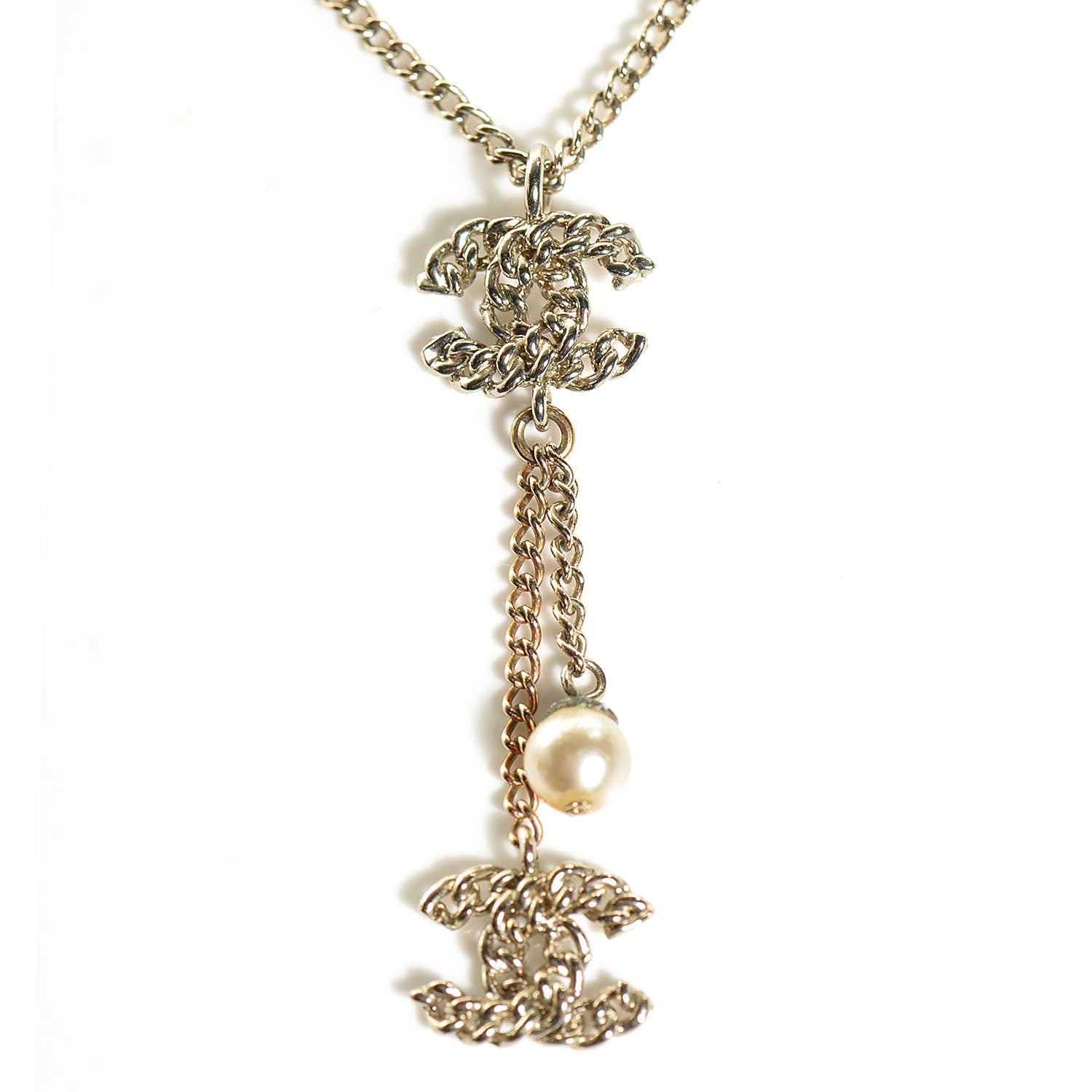 Chanel Chain Pearl CC Pendant Necklace Light Gold 3 of 4