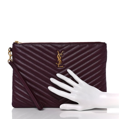 Saint Laurent Calfskin Matelasse Chevron Monogram Tablet Pouch Bordeaux 2 of 9