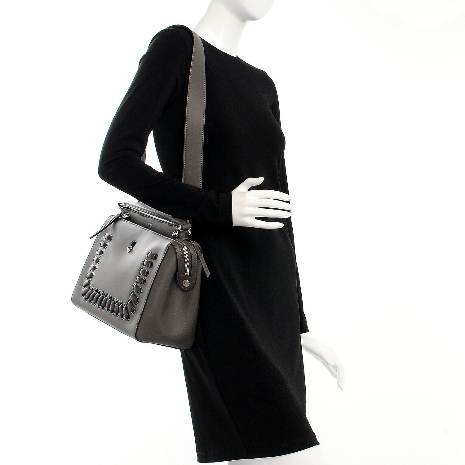 Fendi Vitello Baltico Dolce Shiny Nappa Lace Up DotCom Satchel Carbone Menta 2 of 11