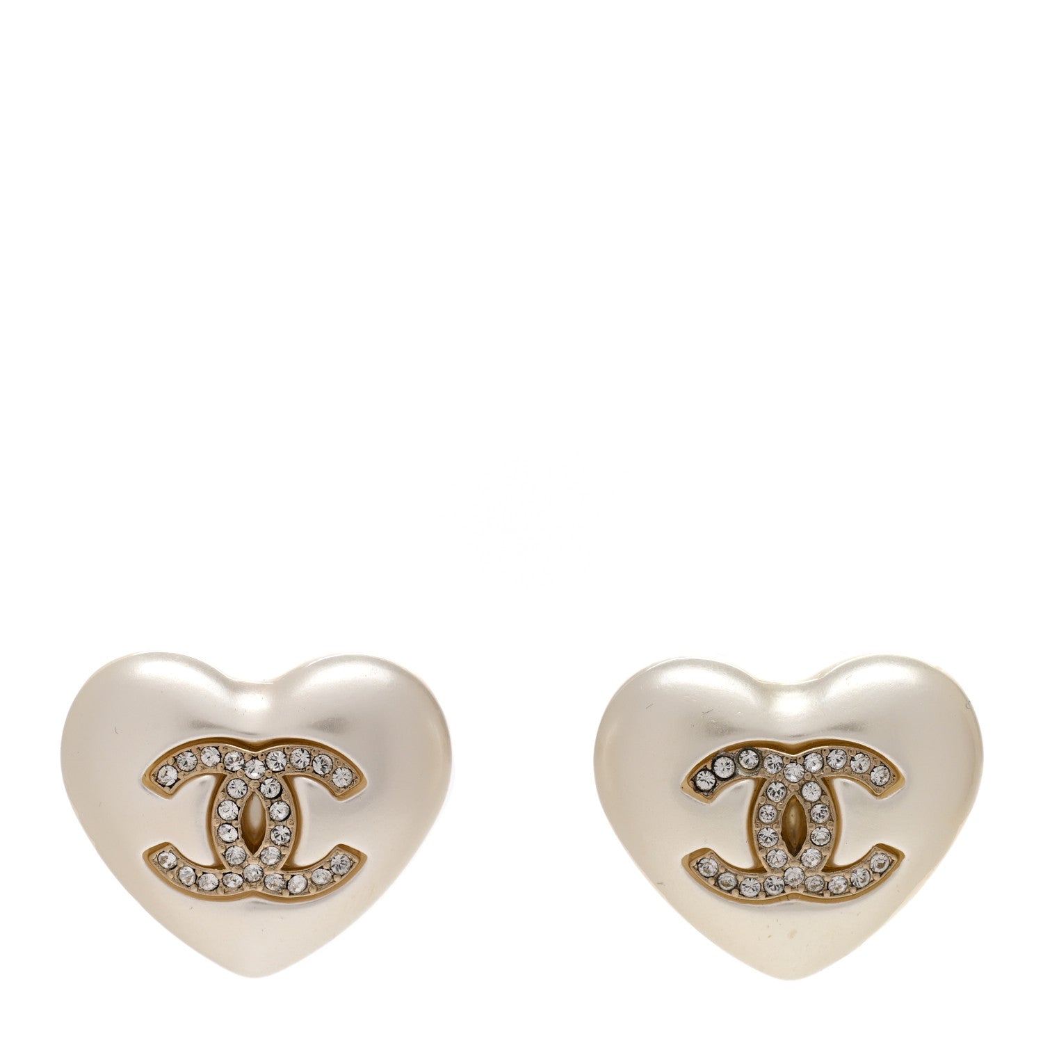 Chanel Pearl Crystal CC Heart Earrings Gold 1 of 5