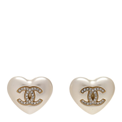 Chanel Pearl Crystal CC Heart Earrings Gold 1 of 5