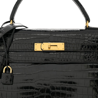 Hermes Shiny Porosus Crocodile Kelly Sellier 32 Black 8 of 11