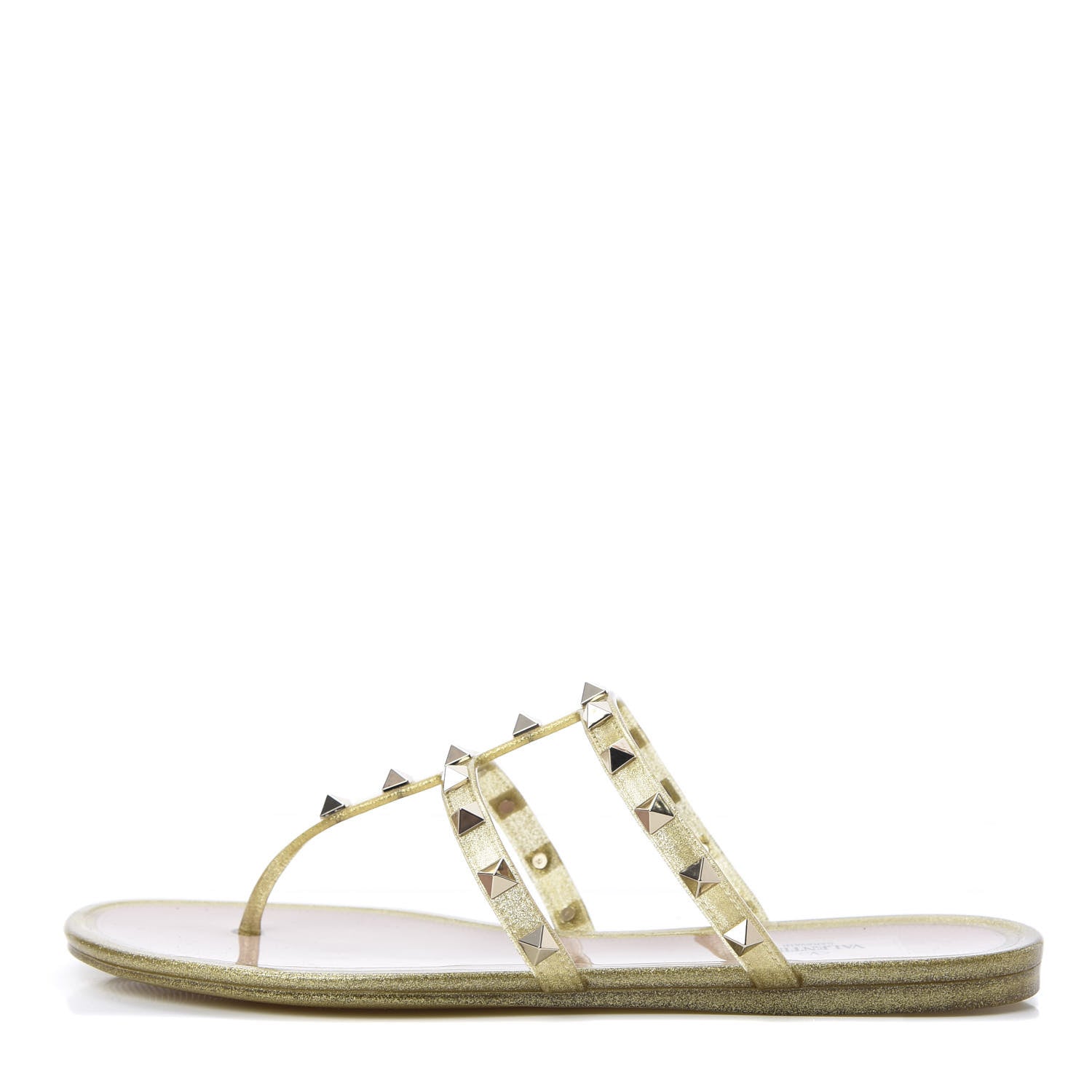 Valentino Garavani PVC Jelly Glitter Rockstud Caged Flat Thong Sandals 39 Oro 1 of 8