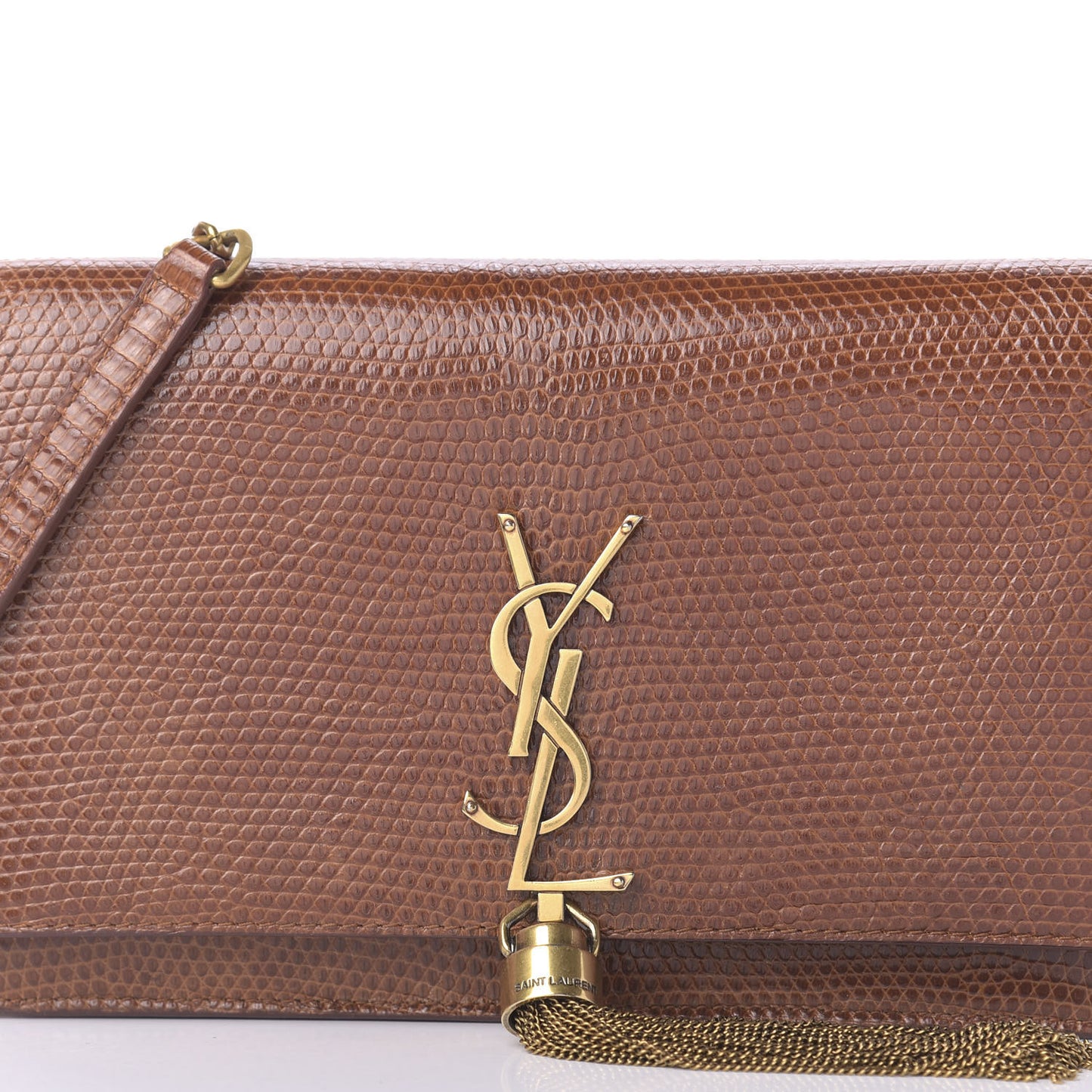 Lizard Kate Monogram Tassel Chain Wallet Cognac