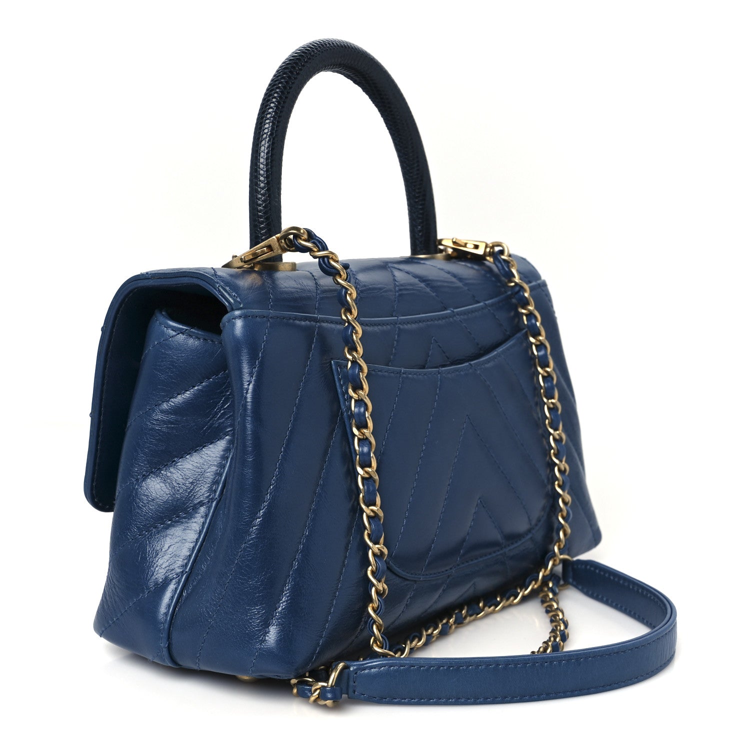 Chanel Calfskin Lizard Chevron Quilted Mini Coco Handle Flap Blue 3 of 12