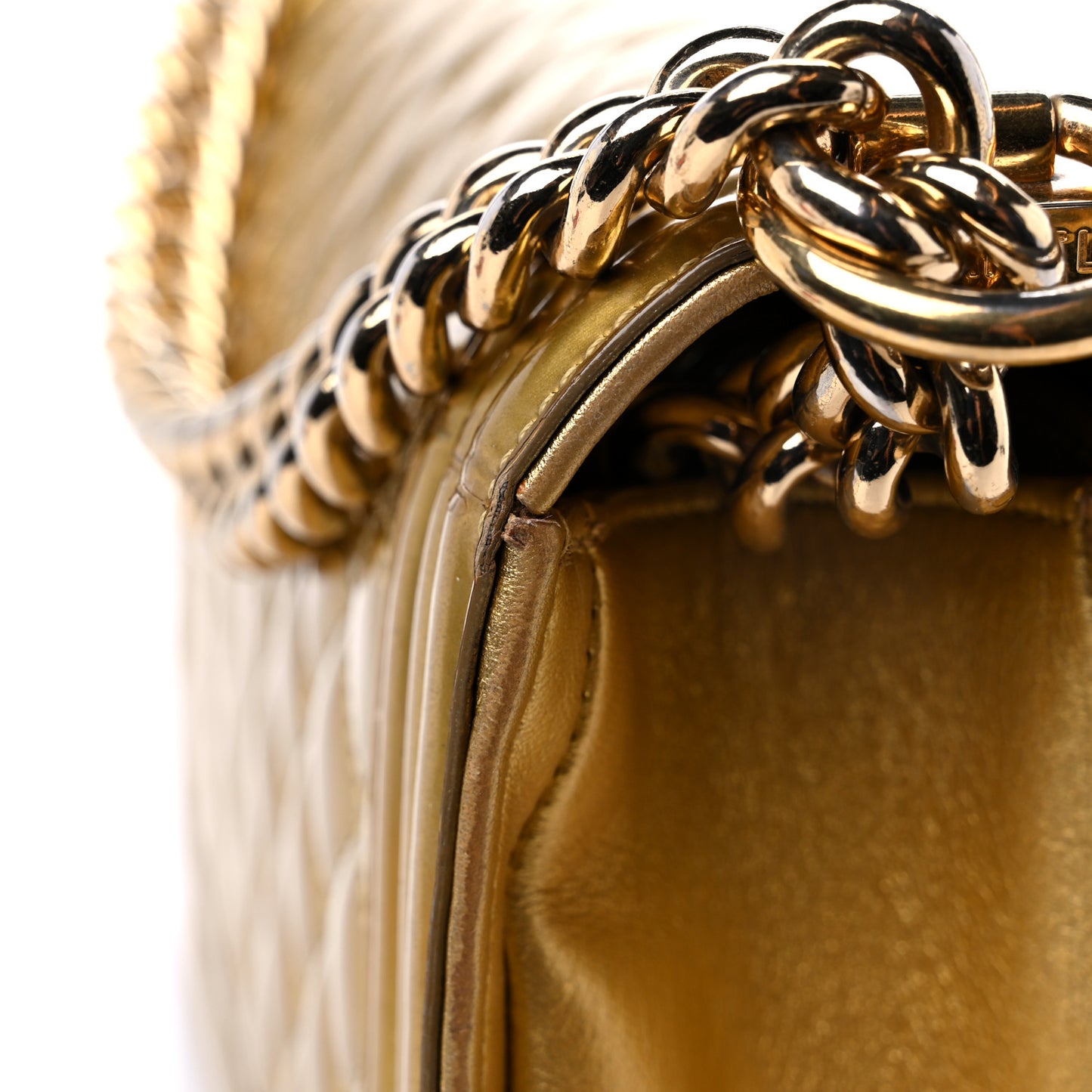 Metallic Patent Calfskin Quilted Medium Boy Flap Gold