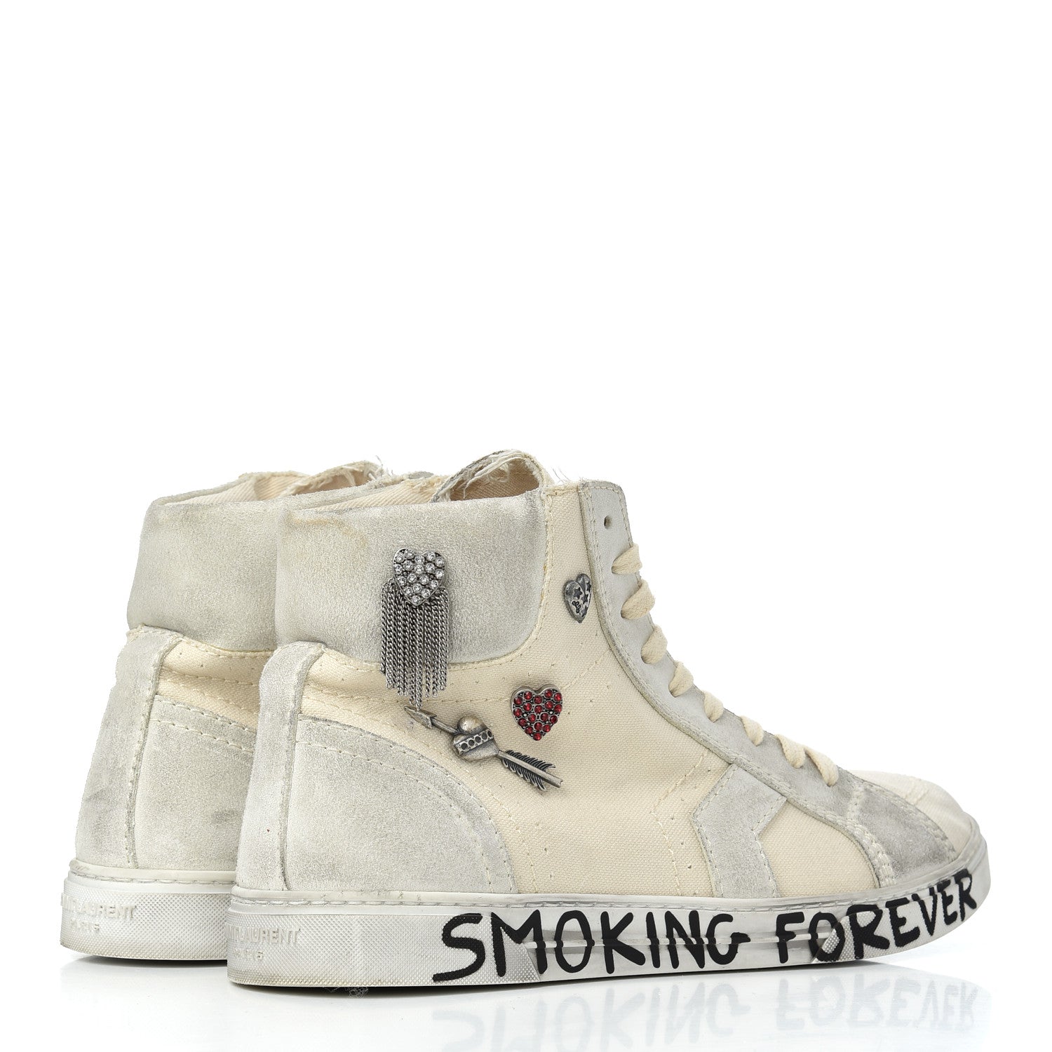 Saint Laurent Distressed Canvas Smoking Forever High Top Sneakers 40.5 Milk Panna 4 of 13