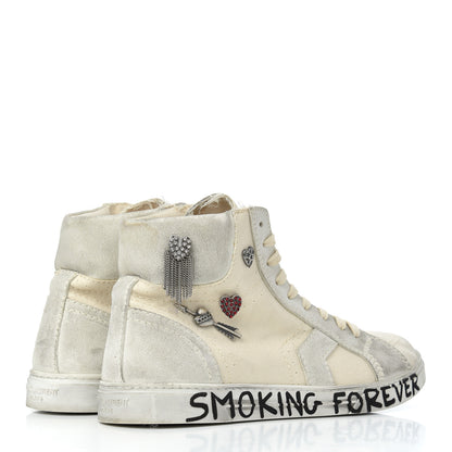 Saint Laurent Distressed Canvas Smoking Forever High Top Sneakers 40.5 Milk Panna 4 of 13
