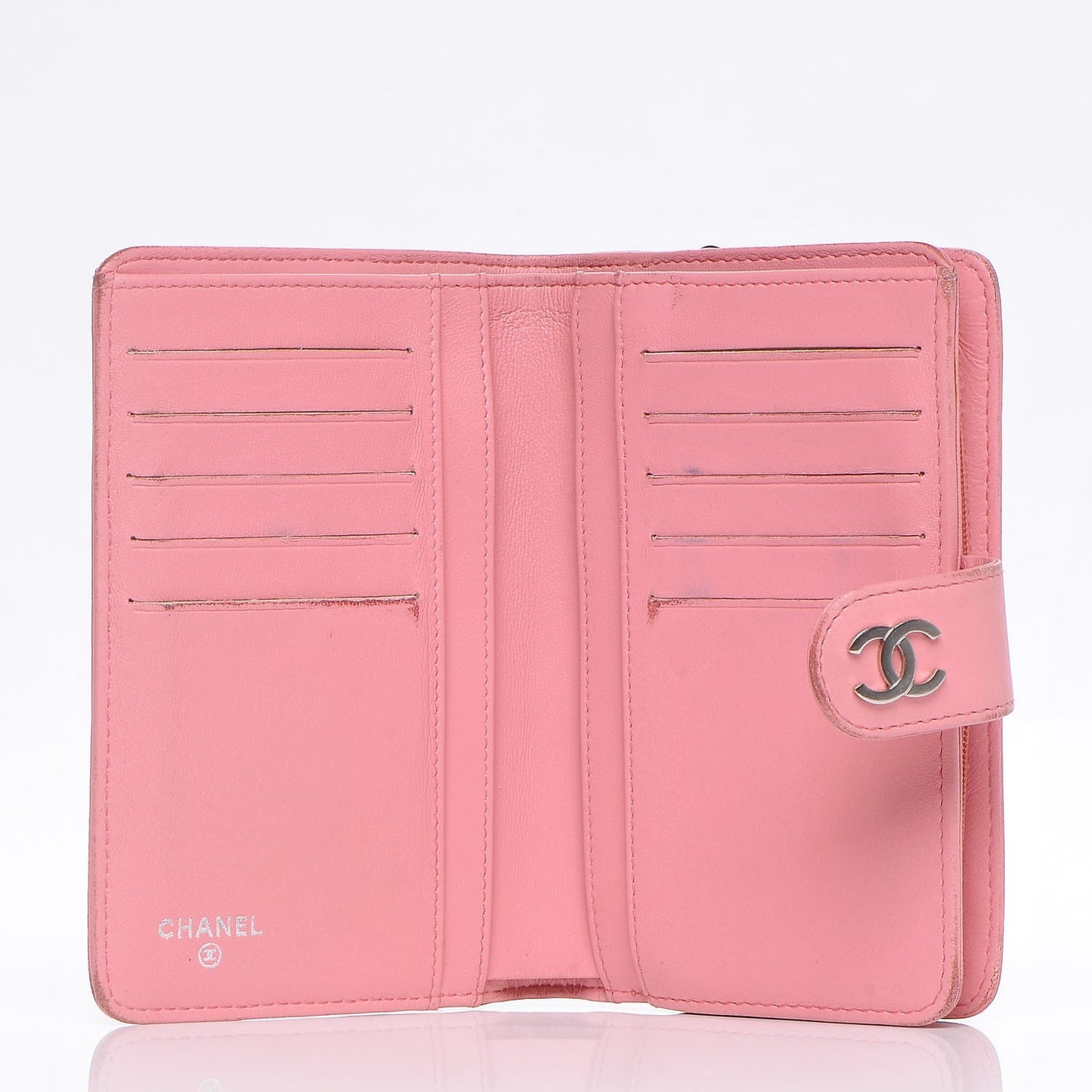 Lambskin Camellia Embossed L-Zip Pocket Wallet Pink