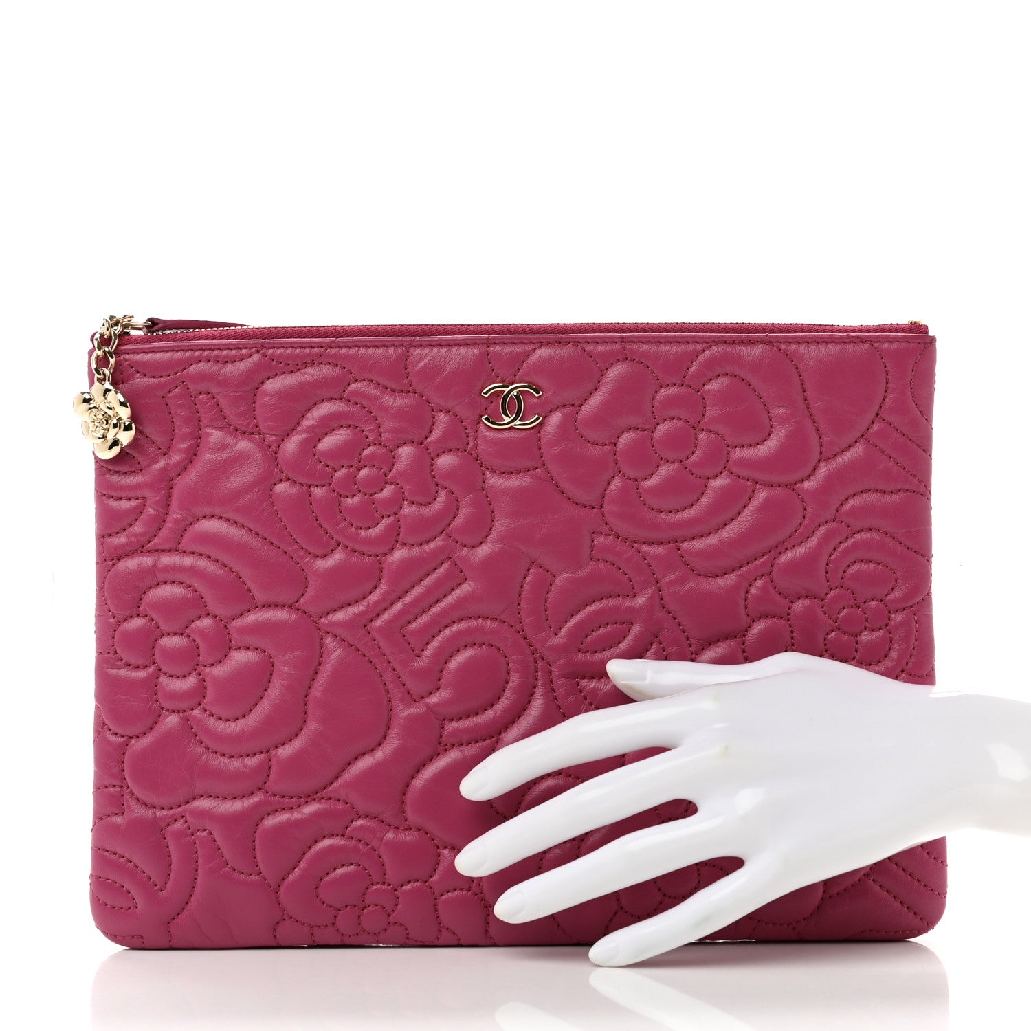 Chanel Lambskin Camellia Embossed Medium Cosmetic Case Fuchsia 2 of 7