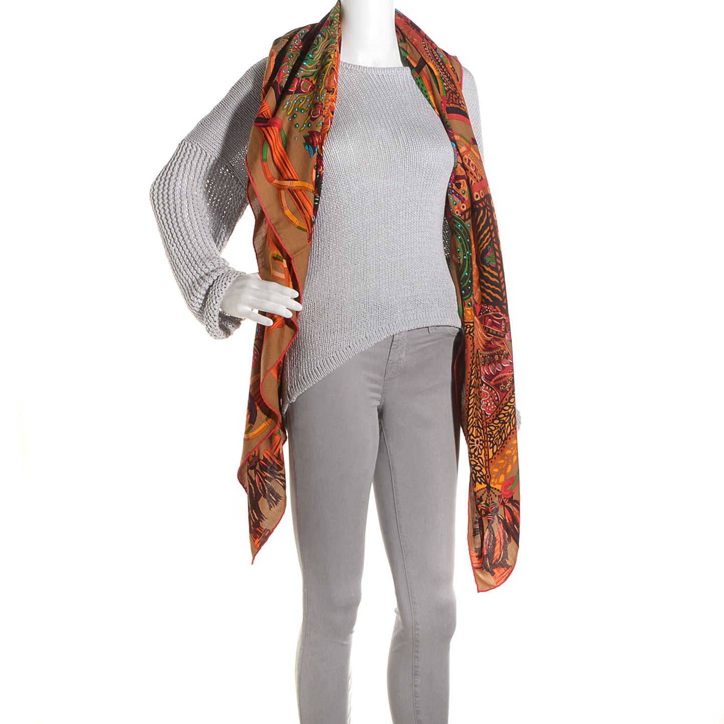 Cashmere Silk Au Fil Du Carre Shawl 140 Caramel Orange Vert Cru