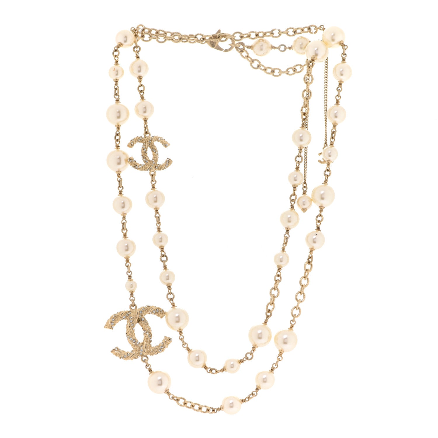 Chanel Pearl Crystal Twisted CC Long Necklace Gold 3 of 5