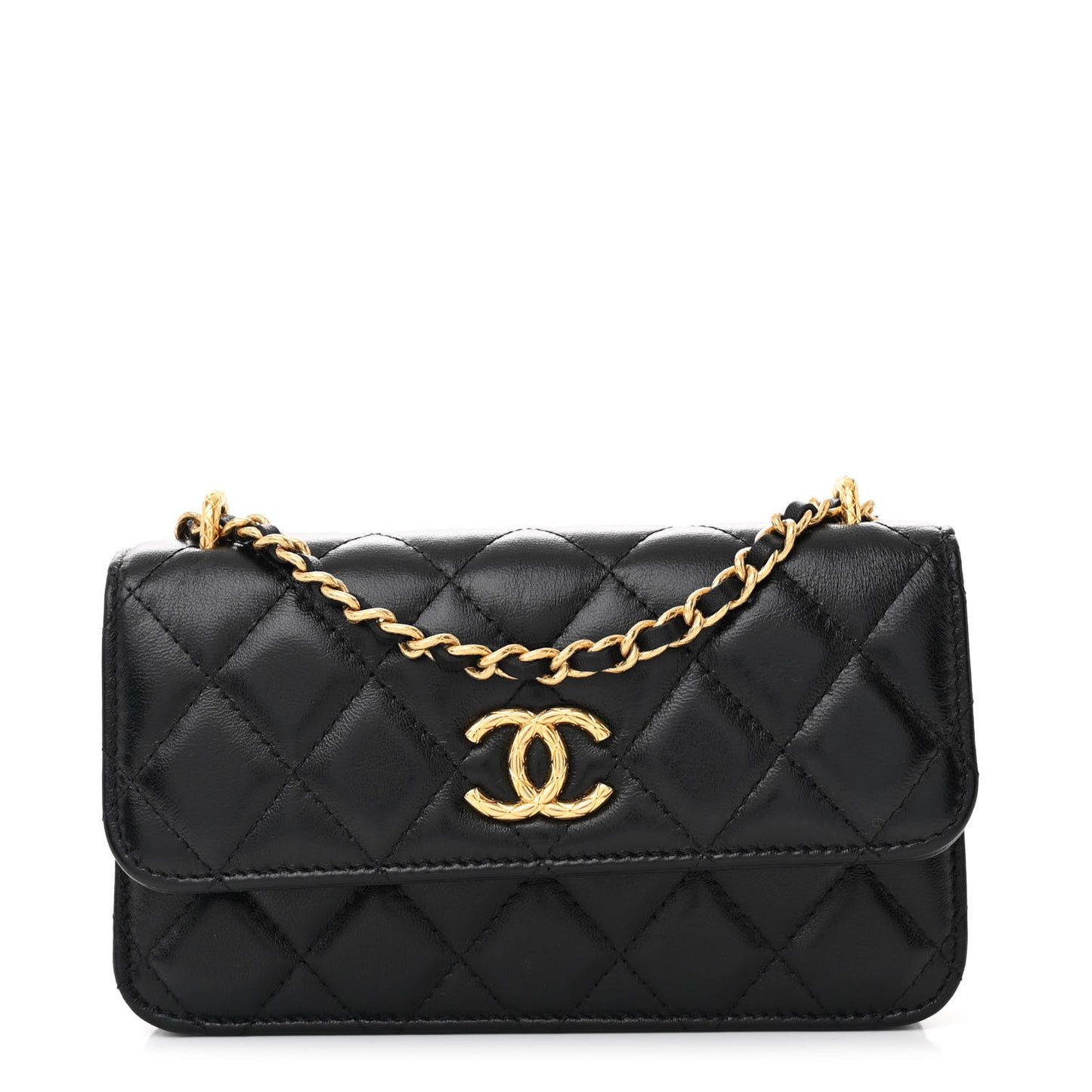 Lambskin Quilted Dynasty Flap Phone Holder With Chain Black