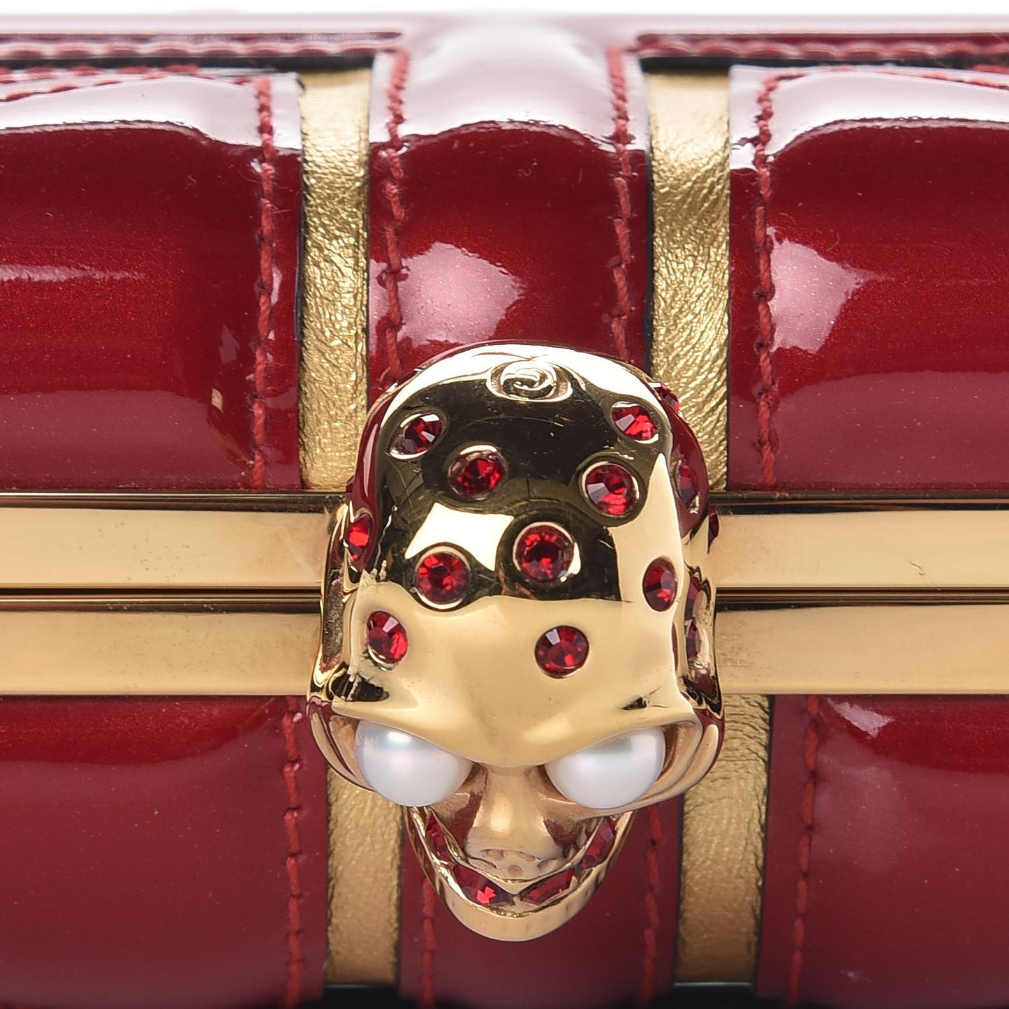 Patent Calfskin Britannia Skull Box Clutch Red Gold