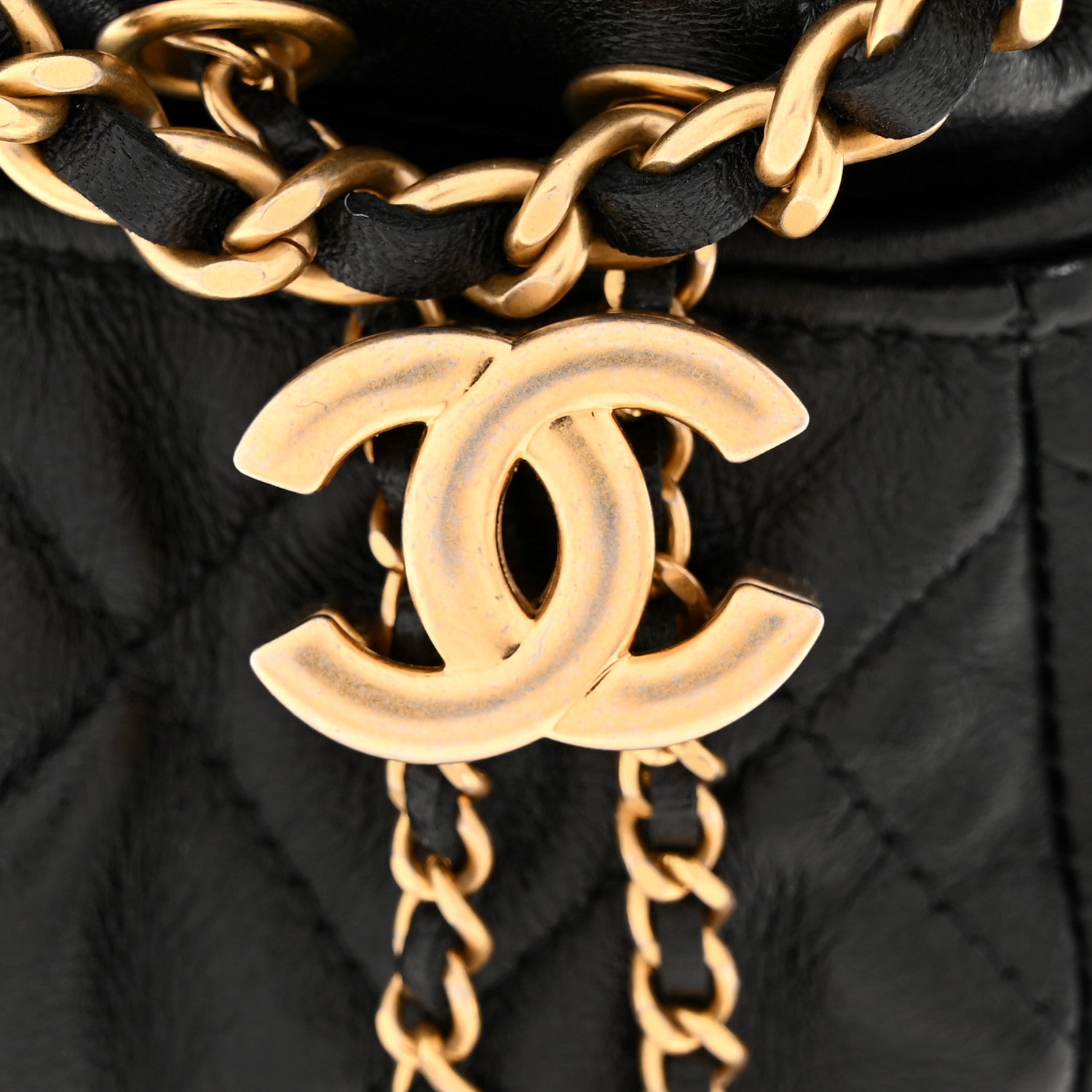 Chanel Shiny Lambskin Quilted Mini Drawstring CC Bucket Bag Black
