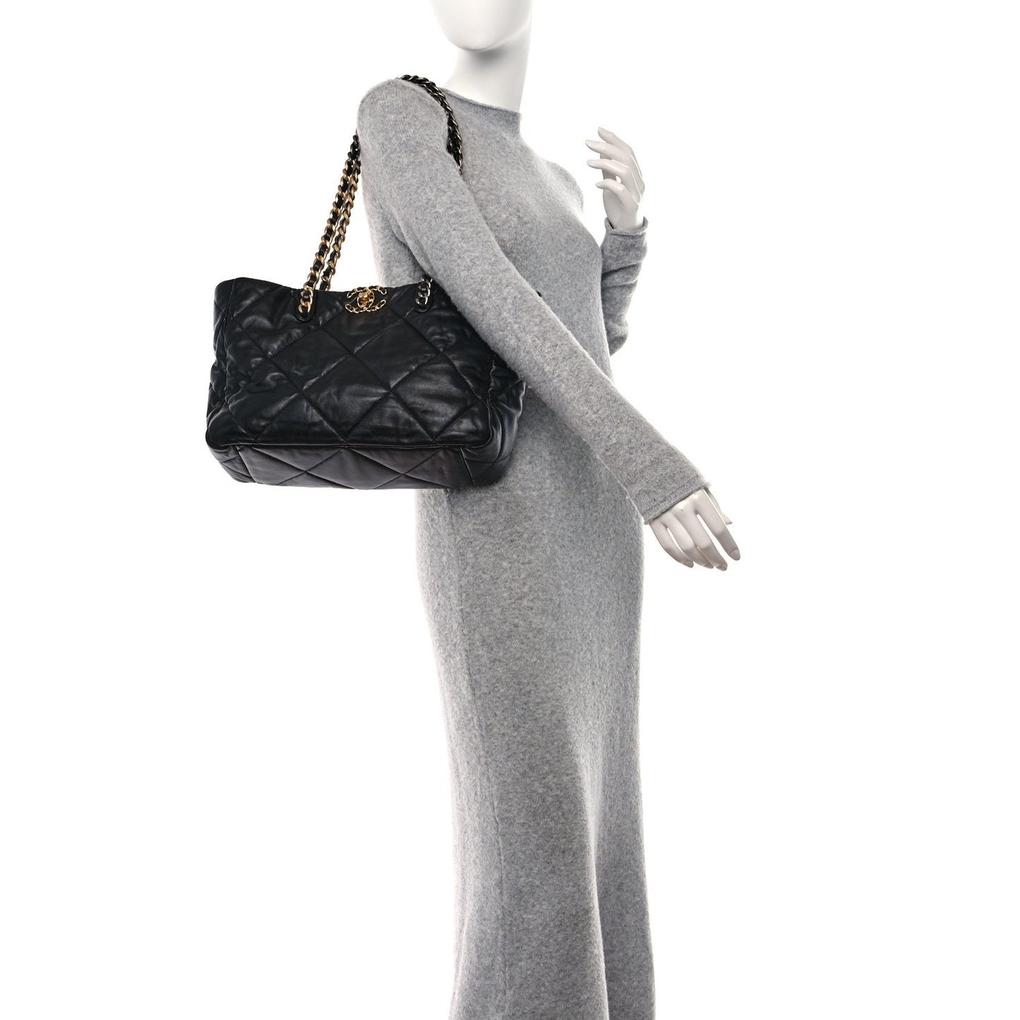 Lambskin Quilted Chanel 19 East West Shopping Bag Black