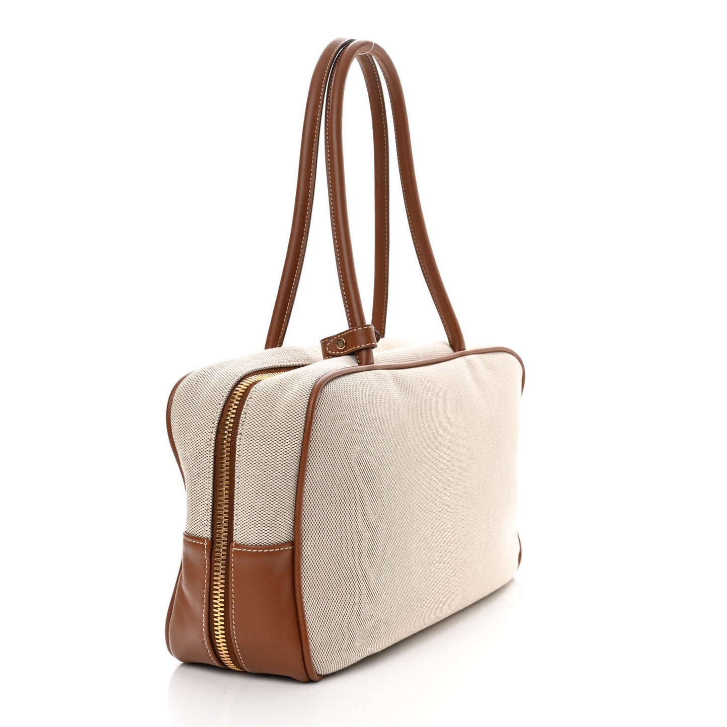 Canvas Calfskin Top Handle Bag Beige Brandy