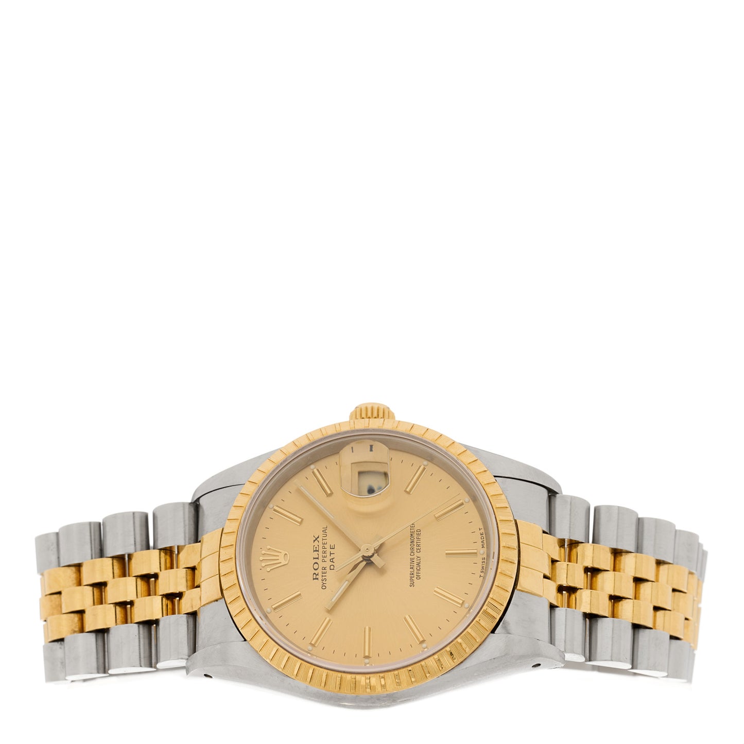 Stainless Steel 18K Yellow Gold 34mm Oyster Perpetual Date Watch Champagne 15223